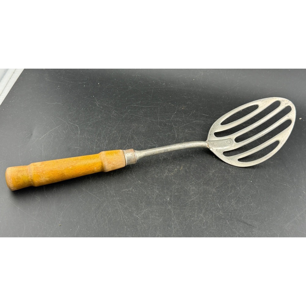 Vintage Potato Masher-Cast Metal Slotted Vegetable Mixer Wooden Handle Primitive